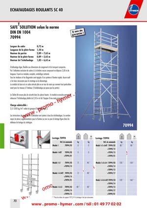 ECHAFAUDAGES ROULANTS SC 40 



T

SAFE SOLUTION selon la norme 
DIN EN 1004 
70994 

Largeur du cadre 0,72 m 
Longueur de la plate-forme 1,50 m 
Hauteur de port&eacute;e 2,89 &ndash; 7,65 m 
Hauteur de la plate-forme 0,89 &ndash; 5,65 m 
Hauteur de l&lsquo;&eacute;chafaudage 1,83 &ndash; 6,65 m 

&Eacute;chafaudage l&eacute;ger, flexible aux dimensions de rangement et de transport compactes. 
Par l&rsquo;utilisation exclusive de cadres &agrave; 6 &eacute;chelons aucun composant ne d&eacute;passe 2,00 m de 
longueur. Fourni en modules complets, emballage cartonn&eacute;. 
Tous les tendeurs et les diagonales sont &eacute;quip&eacute;s d&rsquo;un syst&egrave;me &agrave; fixation rapide. Aucun outil 
n&rsquo;est donc n&eacute;cessaire pour le montage ou le d&eacute;montage. 
Le module de base est un cadre articul&eacute; pli&eacute; en un tour de main qui convient tout particuli&egrave;rement 
pour les travaux &agrave; l&rsquo;int&eacute;rieur (l&rsquo;&eacute;chafaudage qui passe par les portes). 


Le Safety Kit assure plus de s&eacute;curit&eacute; dans les pi&egrave;ces hautes : le module accessoire permet de 
rehausser l&rsquo;&eacute;chafaudage pliable de 0,50 m et de l&rsquo;&eacute;quiper d&rsquo;une main courante. 


Charge admissible : 

2,0 (200 kg/m2) selon le groupe d&lsquo;&eacute;chafaudage 3. 

Les instructions de montage et d&rsquo;utilisation sont jointes &agrave; tous les &eacute;chafaudages. Le nombre 
requis de pi&egrave;ces suppl&eacute;mentaires pour la fixation au mur ou pour le lestage figure dans les 
tableaux de lestage du catalogue. 




** Pour les tubes de support 7072/41 le lestage n&rsquo;est pas n&eacute;cessaire.